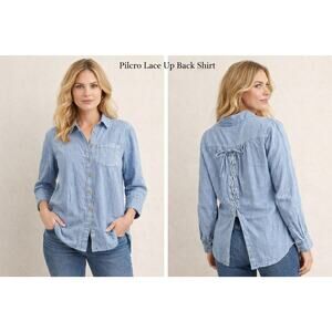 Anthropologie Pilcro Large Blue Chambray Lace-Up Tie Back Top Blouse Tunic Boho